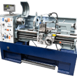 Meyer SM1041 precision lathe with a light grey body, digital readout display, handwheels for carriage and cross-slide control, tool post, and a large chuck mounted on a sturdy metal stand.