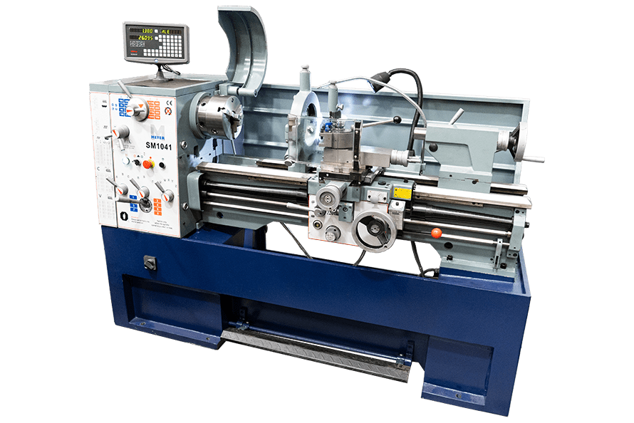 Meyer SM1041 precision lathe with a light grey body, digital readout display, handwheels for carriage and cross-slide control, tool post, and a large chuck mounted on a sturdy metal stand.