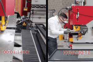 Split screen of the HSP CNC Punch vs the traditional steelworker