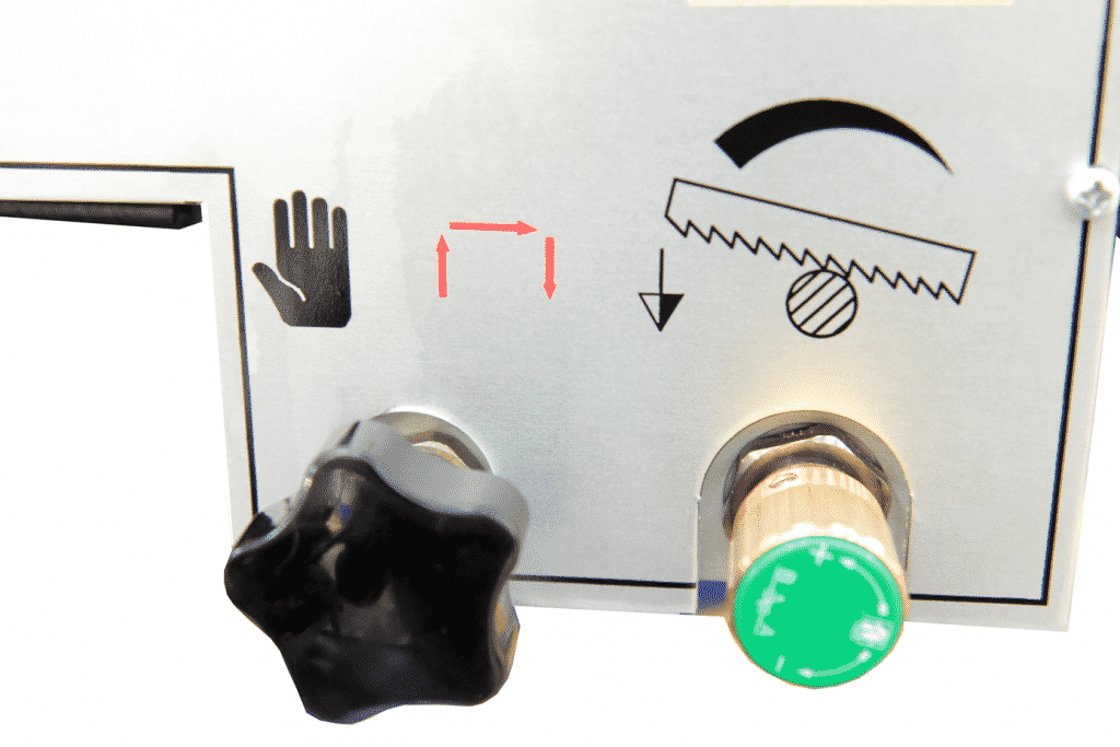 Detail of the Hydraulic Downfeed Controls on a Auto Down Feed Single Mitre Bandsaw