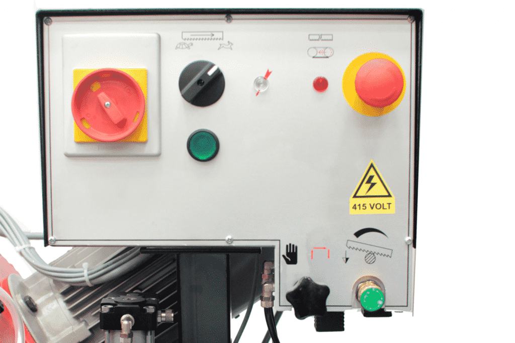 Close up detail of the Pull Down Auto Down Feed Bandsaw Control Panel