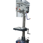 "Meyer SL32 belt-driven pillar drill with a tall grey column, exposed belt drive cover at the top, black motor housing, adjustable round table, and a solid base designed for workshop use.