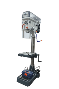 "Meyer SL32 belt-driven pillar drill with a tall grey column, exposed belt drive cover at the top, black motor housing, adjustable round table, and a solid base designed for workshop use.