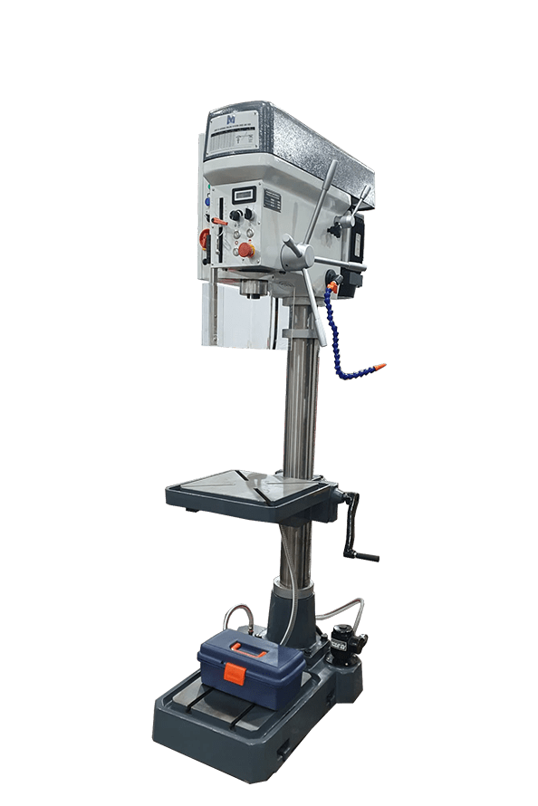 "Meyer SL32 belt-driven pillar drill with a tall grey column, exposed belt drive cover at the top, black motor housing, adjustable round table, and a solid base designed for workshop use.