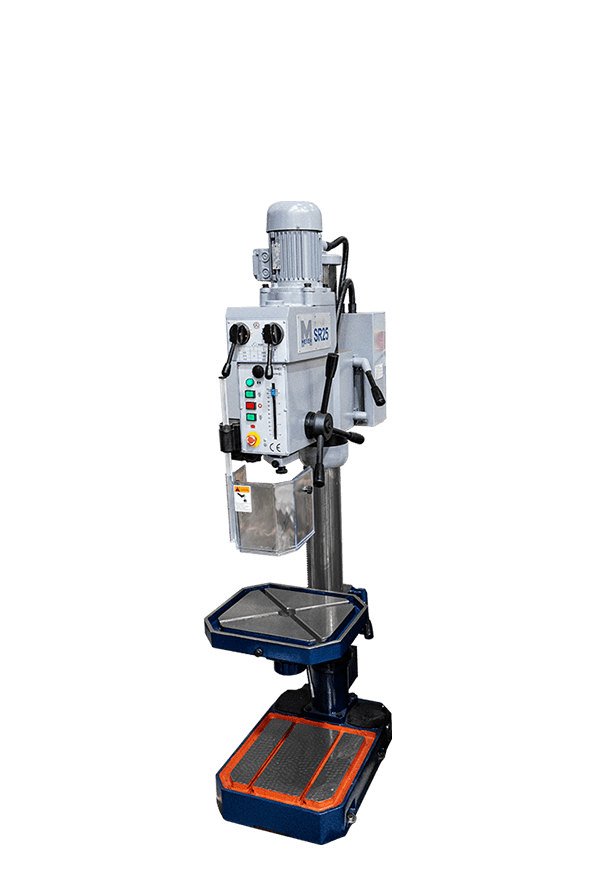 Meyer SR25 pillar drill with a compact grey frame, black motor casing, top-mounted control buttons, round adjustable worktable, and a flat base suitable for benchtop or floor mounting.