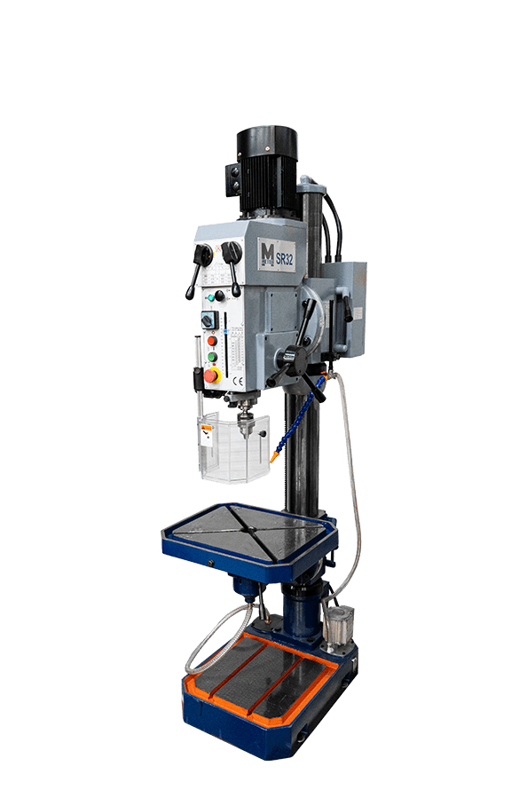 Meyer SR32 pillar drill with a grey metal body, black motor housing, manual controls, round adjustable table, and a solid base suitable for light to medium-duty workshop tasks.