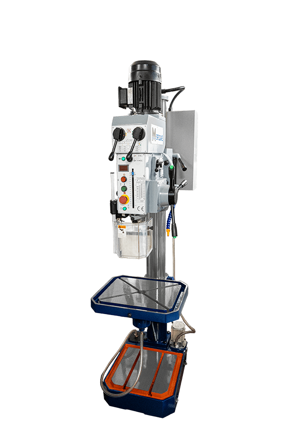 Meyer SR32AE pillar drill featuring a tall grey column, enclosed motor housing, control panel with speed settings, round adjustable worktable, and a sturdy base designed for workshop environments.