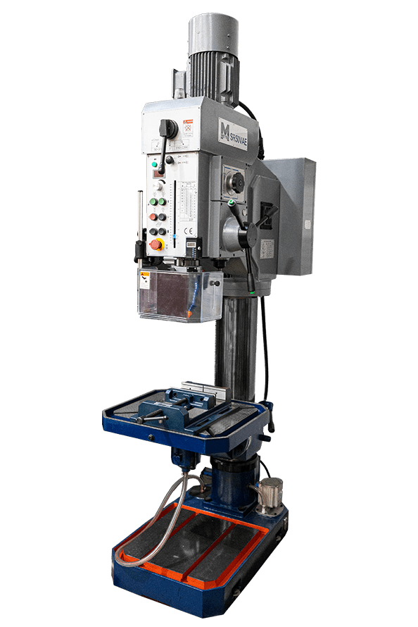 Meyer SR50VAE pillar drill featuring a tall grey column, digital speed readout, black motor housing, adjustable circular table with crank handle, and a heavy-duty base for industrial use.