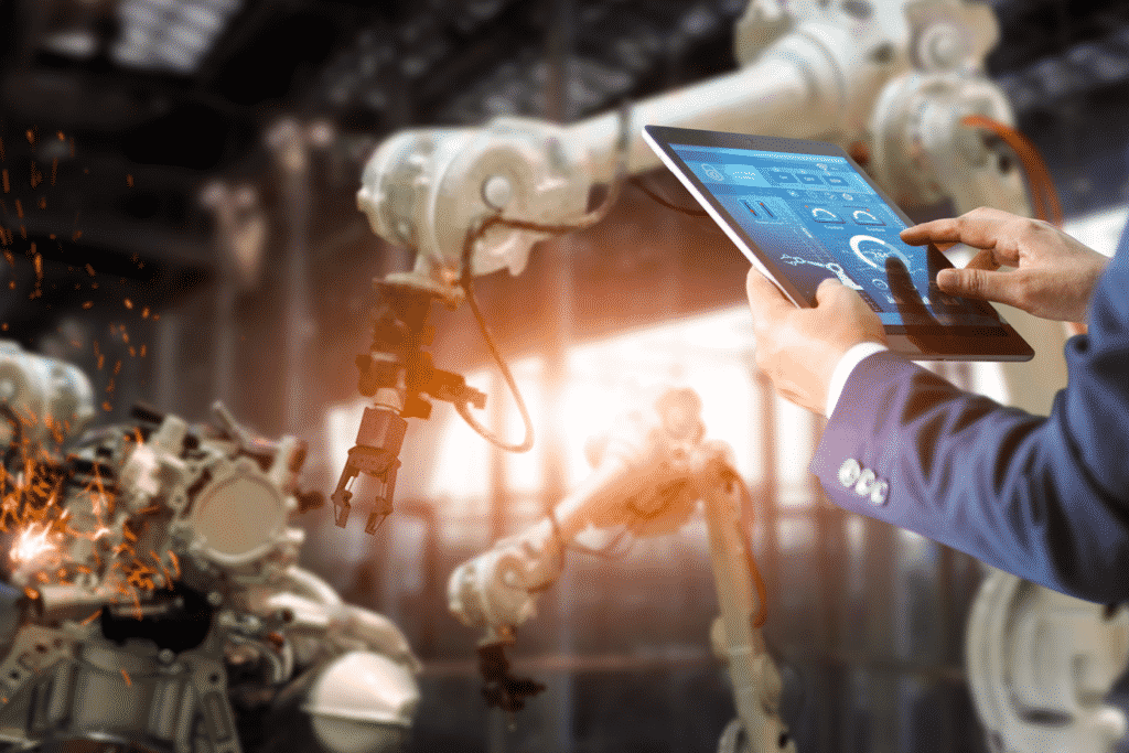 Futuristic view of robotic manufacturing controlled by a computer