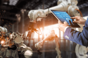 Futuristic view of robotic manufacturing controlled by a computer
