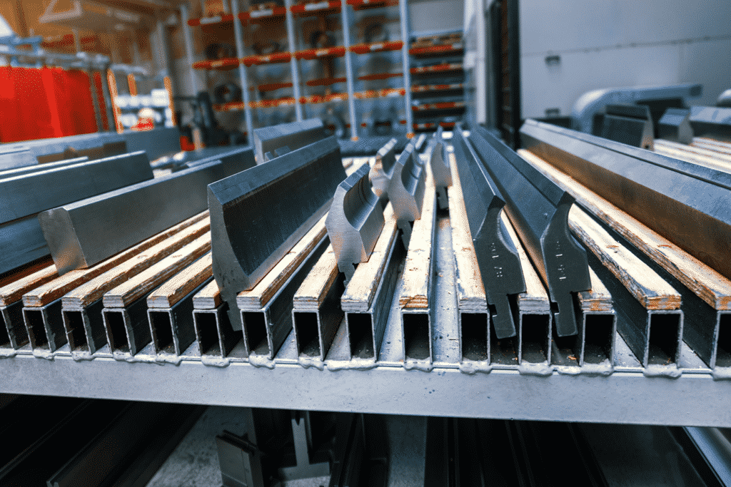 A selection of different press brake toolings displayed on racking