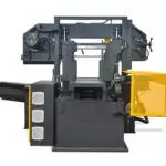 Sterling heavy-duty horizontal industrial bandsaw in dark grey, featuring a dual-column design and a yellow mesh safety guard on the right