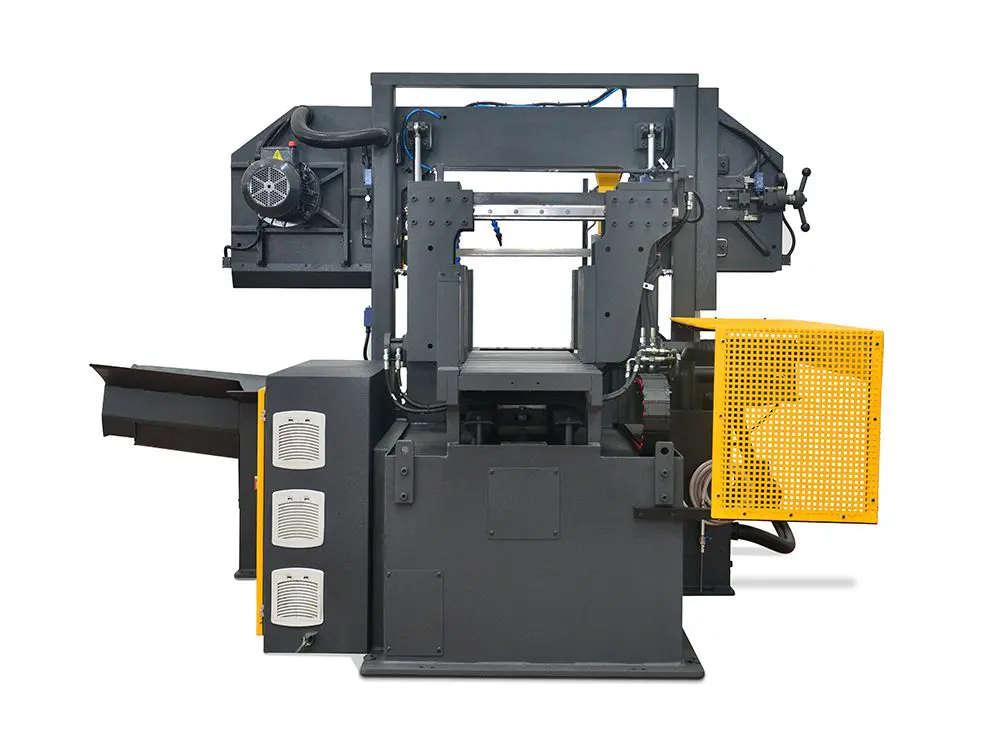 Sterling heavy-duty horizontal industrial bandsaw in dark grey, featuring a dual-column design and a yellow mesh safety guard on the right