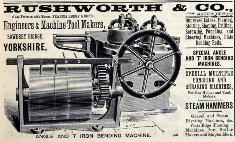 Im18880106E-Rush Vintage advertisement for Rushworth & Co. Engineers, featuring an illustration of a Victorian-era angle and T-iron bending machine with large gears and a hand wheel