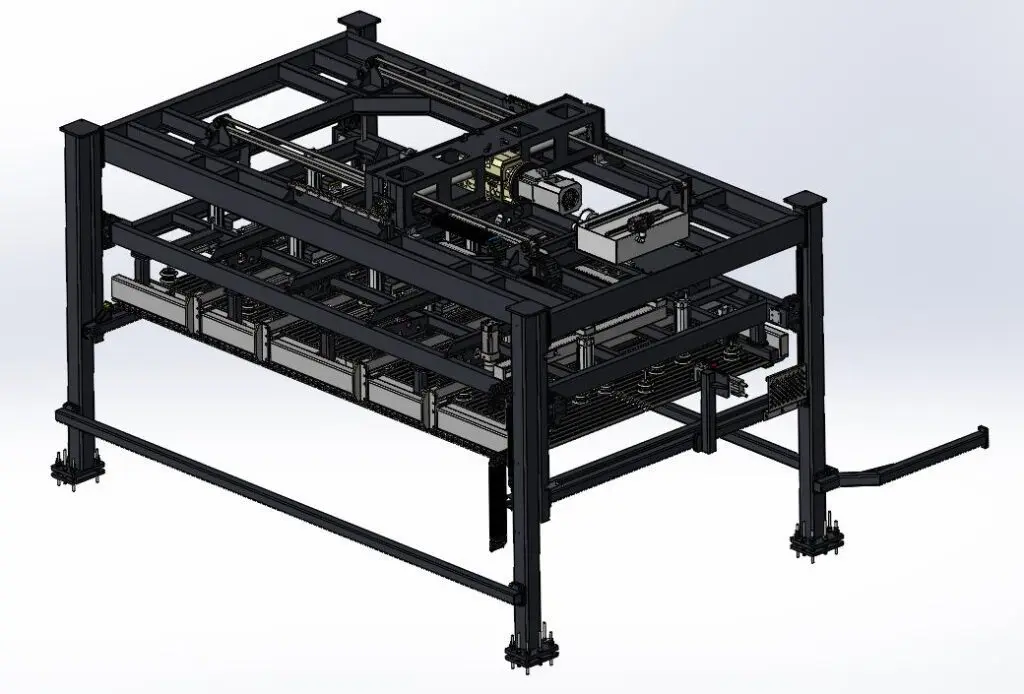 3D CAD rendering of a complex industrial machine frame, featuring a dark grey steel gantry system with mechanical components and internal rails