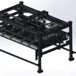 3D CAD rendering of a complex industrial machine frame, featuring a dark grey steel gantry system with mechanical components and internal rails