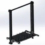 3D CAD model of a vertical gantry lifting system, featuring two tall support columns and a base platform equipped with vertical alignment pins