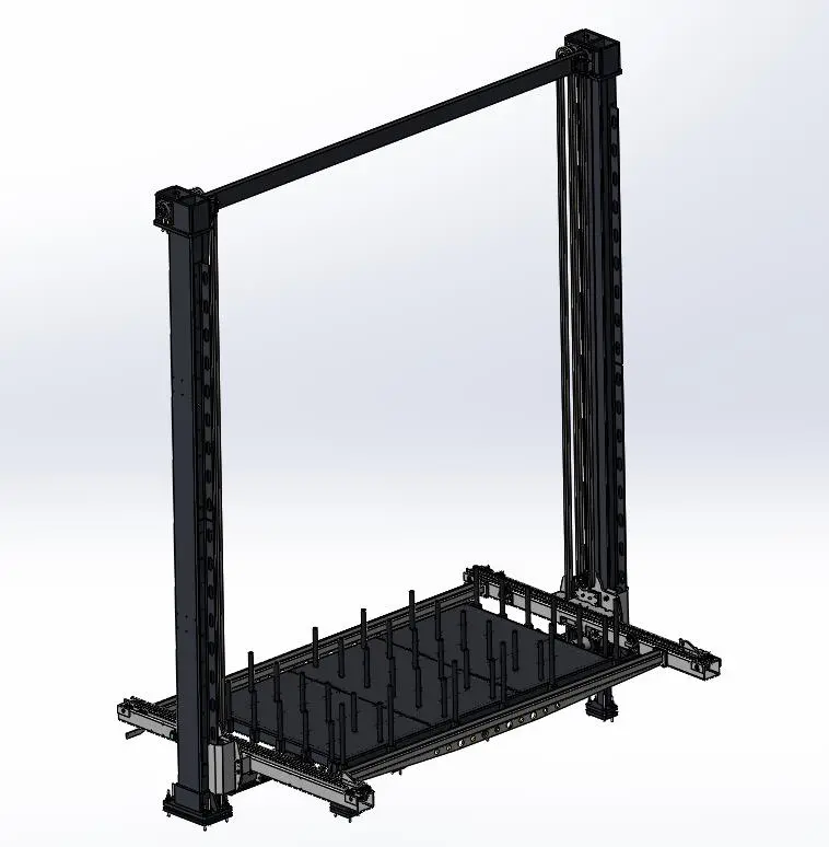 3D CAD model of a vertical gantry lifting system, featuring two tall support columns and a base platform equipped with vertical alignment pins