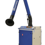 A portable Vanterm welding fume extractor featuring a blue articulated suction arm, a wheeled cabinet base, and a top-mounted control panel