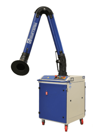 A portable Vanterm welding fume extractor featuring a blue articulated suction arm, a wheeled cabinet base, and a top-mounted control panel