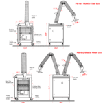 Technical dimension diagram for Morgan Rushworth mobile welding fume extraction units, detailing the single and double arm configurations