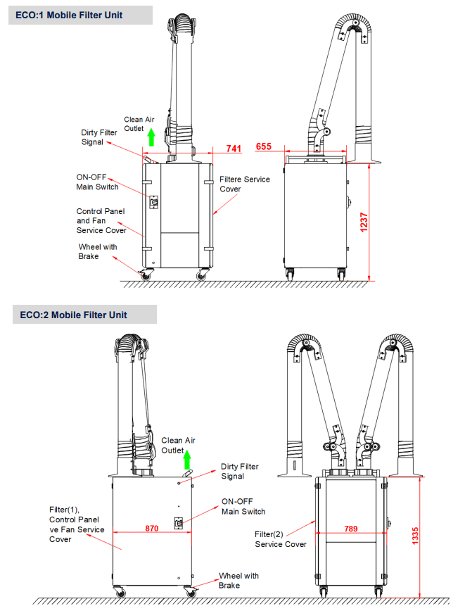 Technical dimension diagram for Morgan Rushworth mobile welding fume extraction units, detailing the single and double arm configurations