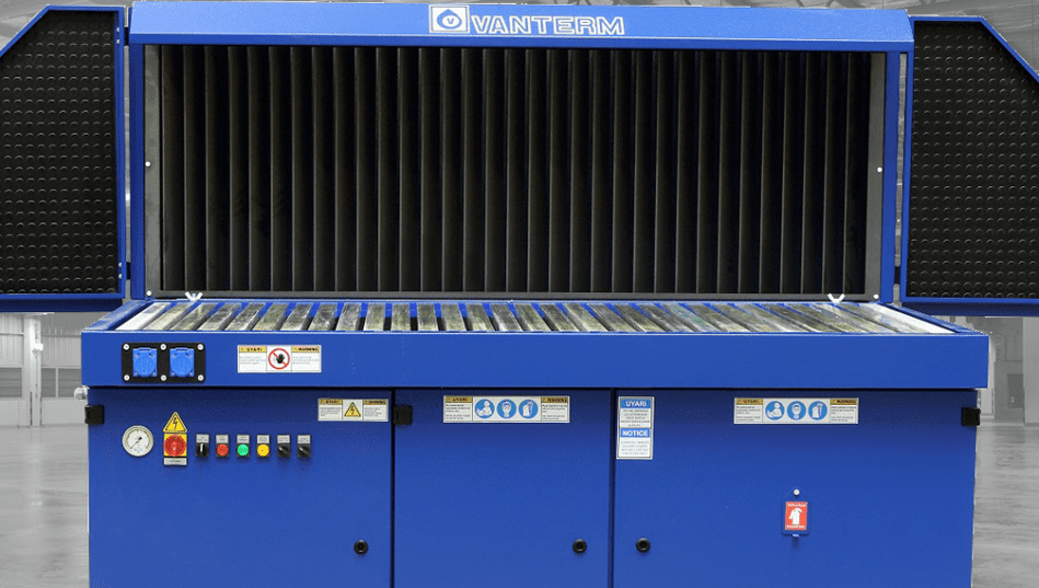 Blue Vanterm industrial downdraft extraction bench with a slatted work surface, vertical filter backwall, and integrated control panel