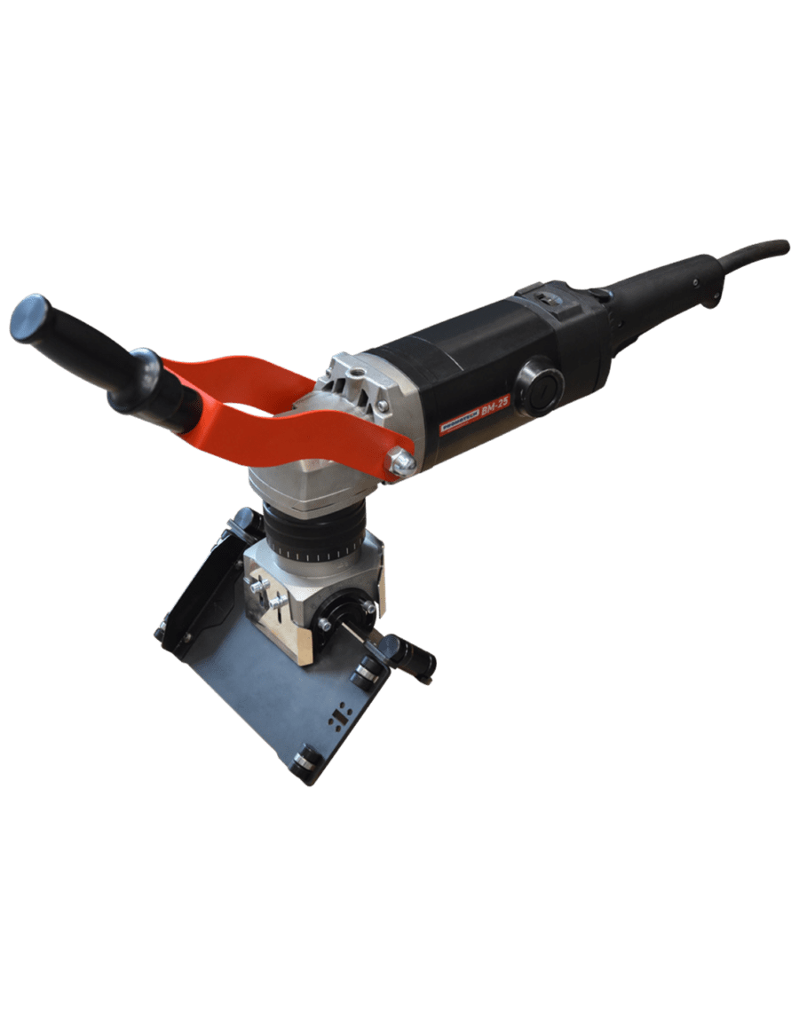 A Promotech BM-25 heavy-duty plate beveller featuring a black motorized body, an orange stabilizer handle, and an adjustable bevelling head for edge preparation