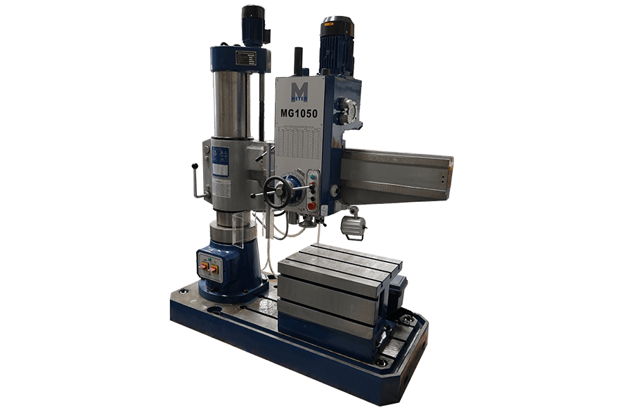 Meyer MG 1050 geared head pillar drill with a solid grey body, integrated control panel, safety guard over the drill bit, adjustable table, and a robust base suitable for industrial use.