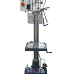Front view of the Meyer SL32 belt-driven pillar drill showing the vertical column, exposed belt drive cover, motor at the rear, adjustable round worktable, and robust base plate.