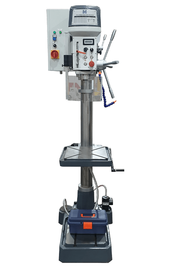 Front view of the Meyer SL32 belt-driven pillar drill showing the vertical column, exposed belt drive cover, motor at the rear, adjustable round worktable, and robust base plate.