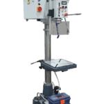 Side view of the Meyer SL32 belt-driven pillar drill showing the motor housing, belt drive cover, crank-adjustable round worktable, and sturdy column mounted on a solid base.