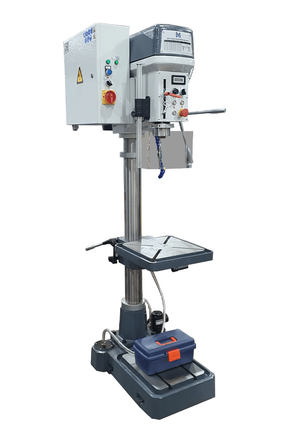 Side view of the Meyer SL32 belt-driven pillar drill showing the motor housing, belt drive cover, crank-adjustable round worktable, and sturdy column mounted on a solid base.