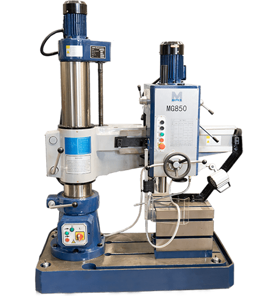 Meyer MG850 radial arm drill with a wide horizontal arm, adjustable drilling head, grey metal body, control panel on the side, and a large flat base for supporting heavy workpieces