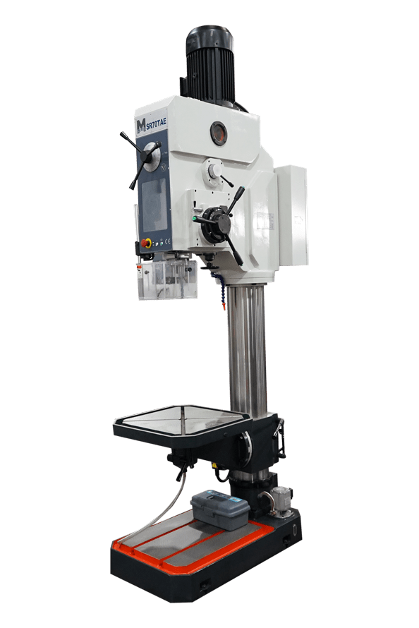Meyer SR70TAE pillar drill featuring a tall grey column, black motor housing, red safety switch, large adjustable worktable with crank handle, and a sturdy base designed for industrial use.