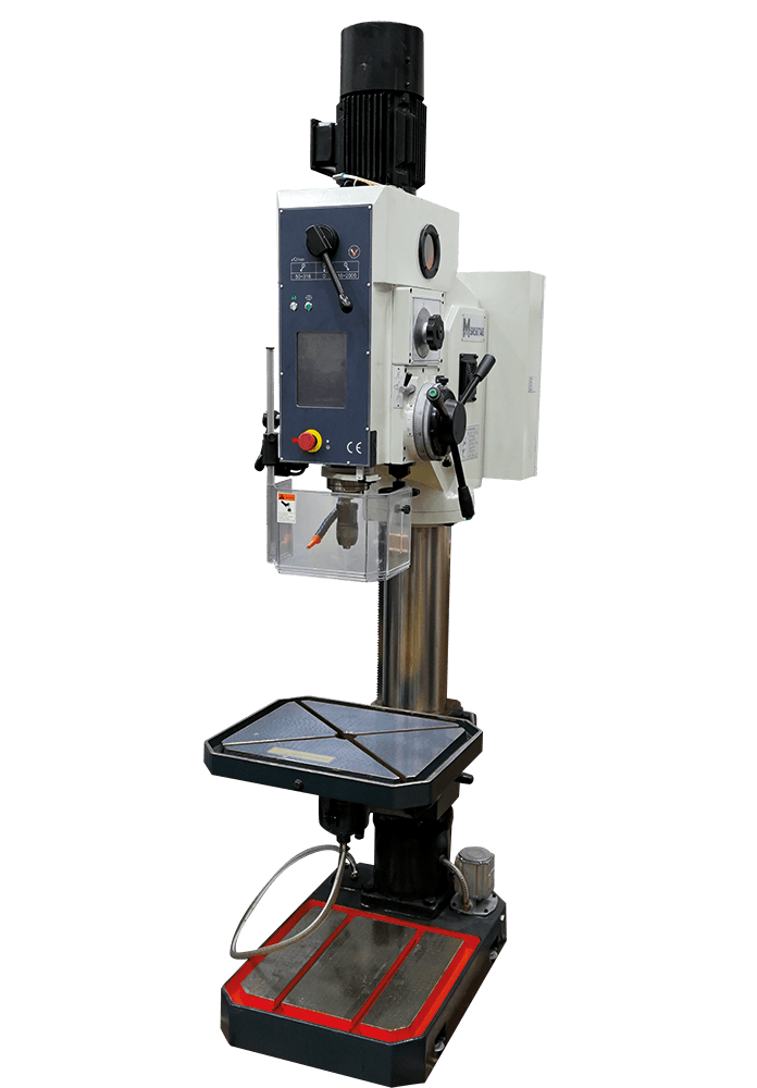 SR50TAE Meyer Pillar Drill Meyer SR50TAE pillar drill with a tall grey metal column, large black motor housing at the top, red emergency stop button, adjustable table with crank handle, and a base mounted on a workshop floor."