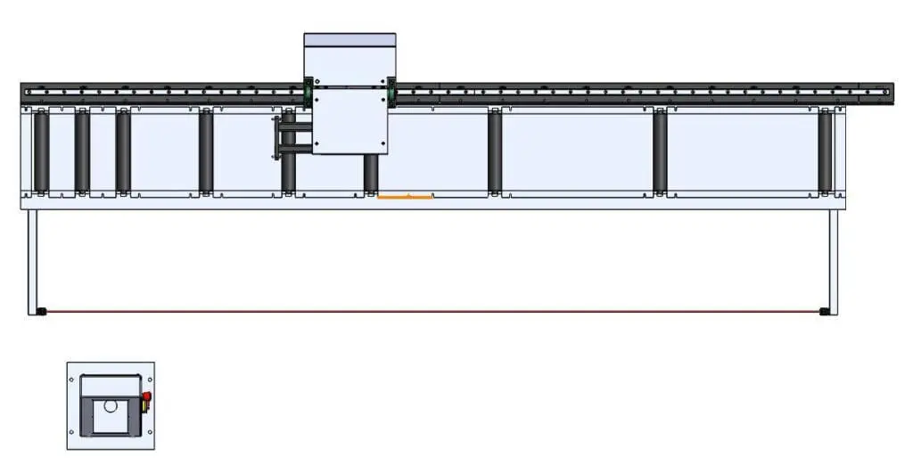 Technical CAD drawing of the PEHU LMS Automatic Measuring System, showing the motorized carriage and integrated safety features