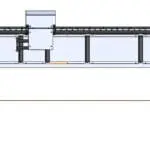 Technical CAD drawing of the PEHU LMS Automatic Measuring System, showing the motorized carriage and integrated safety features