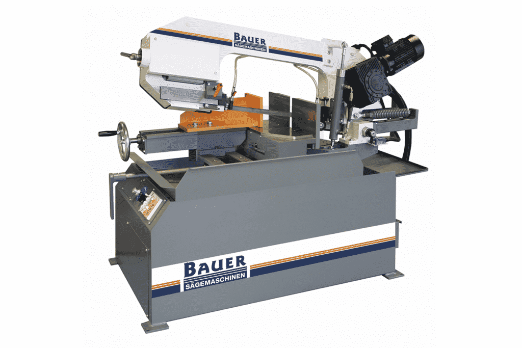 Front view of the Bauer S280 DG Auto Down Feed Double Mitre Bandsaw