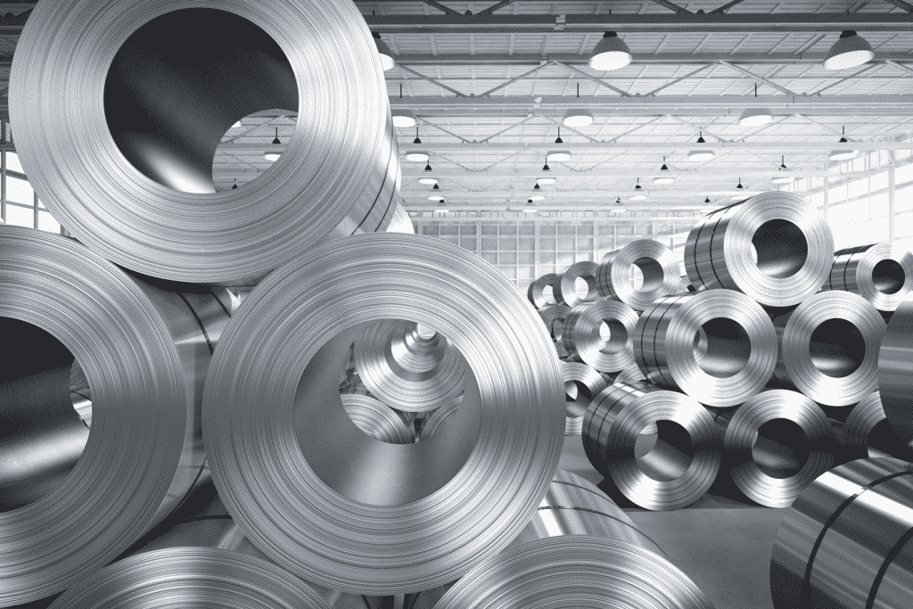 Stacks of metal alloy tube in a warehouse
