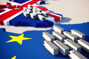 Graphic of lorrys facing off between the UK and Europe